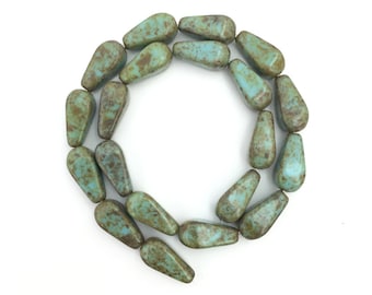 20 Picasso Turquoise Teardrop Bead, 6x13 Glass Drop Bead, Square Drop, Teardrop Charm Bead, Czech Glass Teardrop, Blue Teardrop, 3612F CF3-5