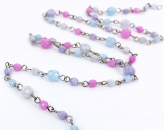3.5mm Faceted Beads RC119 Silver Plated Wire Wrapped Beaded Chain 5 Feet Green Onyx Gemstone Rosary Chain