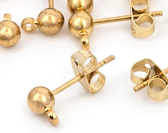Ball Post Earring With Backs, Ball Stud Earring With Loop, Stainless Steel Post, DIY Earring, Gold Plated, Earring Findings, Wholesale,1-5/5