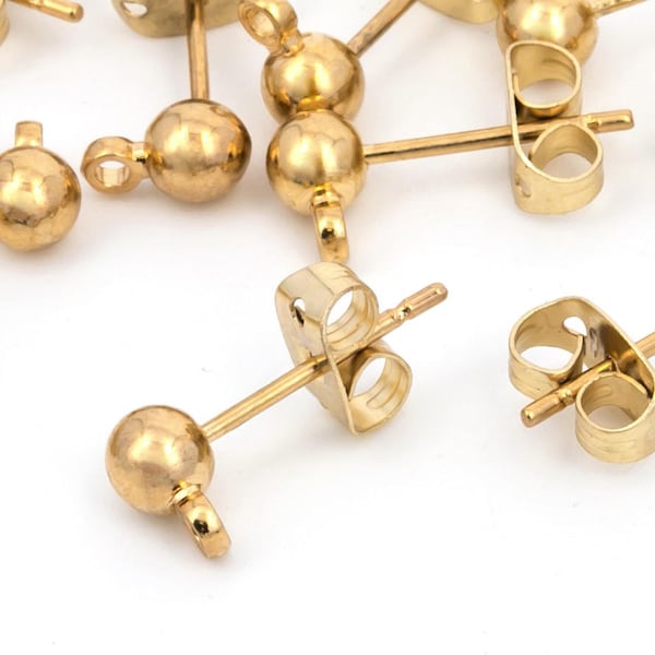 Ball Post Earring With Backs, Ball Stud Earring With Loop, Stainless Steel Post, DIY Earring, Gold Plated, Earring Findings, Wholesale,1-5/5