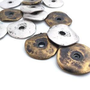 Flat Round Donut Pendant, Metal Disc Pendant, Wave Pendant, Connector, Bronze Rustic Ring, Antique Silver, Antique Bronze, 24mm, 4pcs, 1-2/8