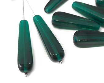 Cuentas largas en forma de lágrima de color verde esmeralda de 7 x 26, cuentas tubulares, cuentas prensadas checas, cuentas tipo cortina, cuentas estilo boho, joyería DIY, 4 piezas 3610F, CF1-1