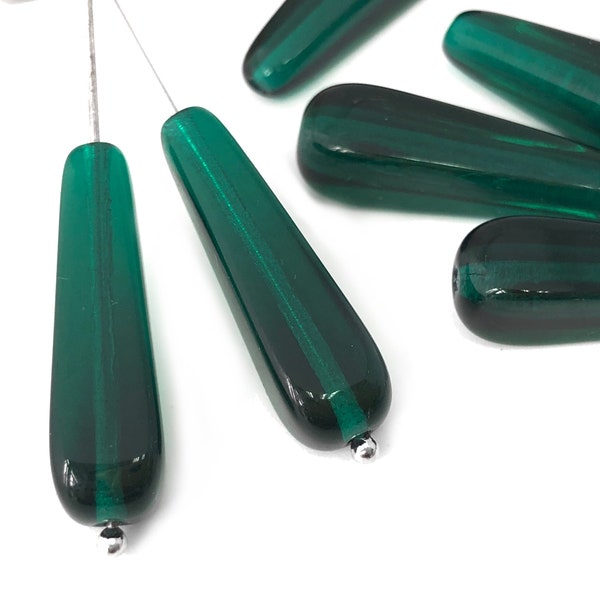 7x26 Emerald Green Long Teardrop Bead, Tube Bead, Czech Pressed Bead, Curtain Bead, Bohemian Bead, DIY Jewelry, 4pcs 3610F, CF1-1