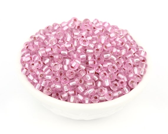 20g 6/0 Pink Seed Beads, Vintage Czech Glass Beads, Embroidery Bead, 4mm  Small Glass Beads, Transparent Silver Lined, 3418G, SB5-4