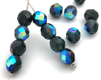 8mm Faceted Glass Bead, Montana Blue AB, Czech Fire Polished, Round Faceted Bead, Jewelry Making Bead, 20pc, 1278C