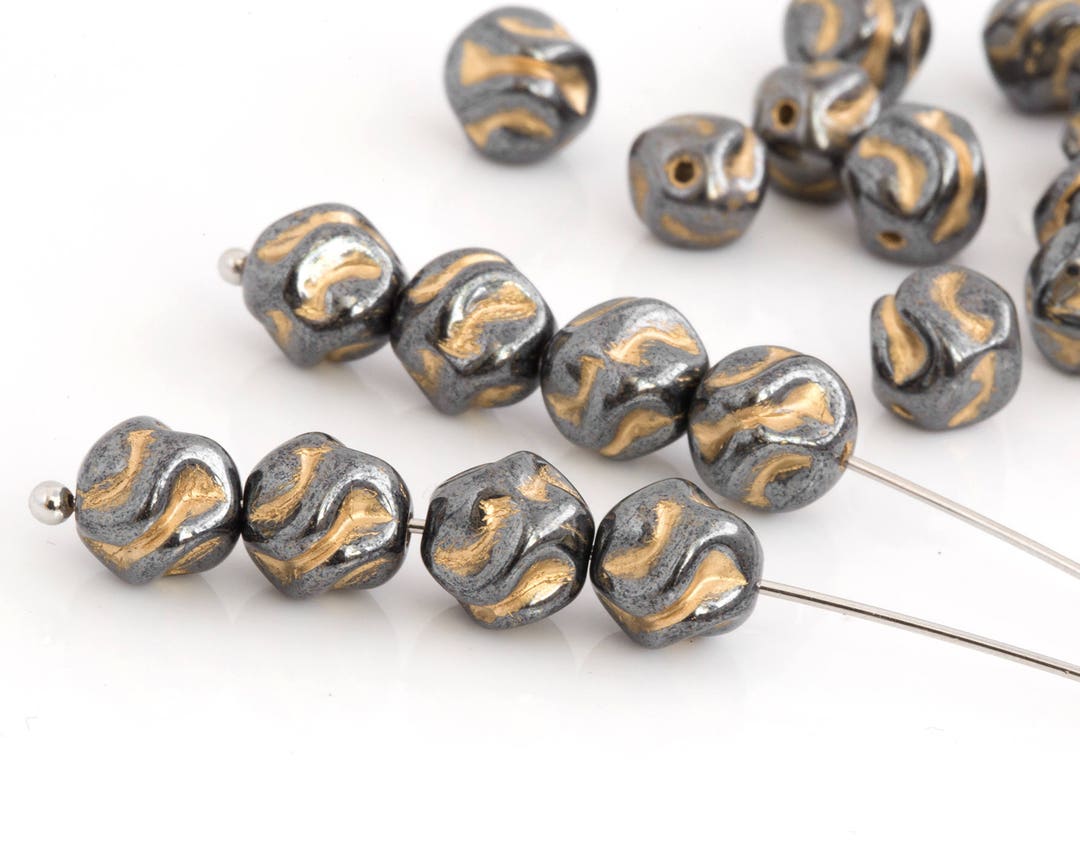 8mm Hematite Czech Bead, Vintage Round Glass Spacer, Bohemian Bead Gold