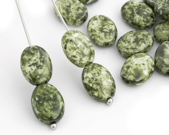 Green Picasso Flat Oval Bead, Spacer Bead, Czech Glass Bead, Bohemian Bead, Jewelery Making Bead, Wholesale, 9x12, 20pc, 3518F CF2-5