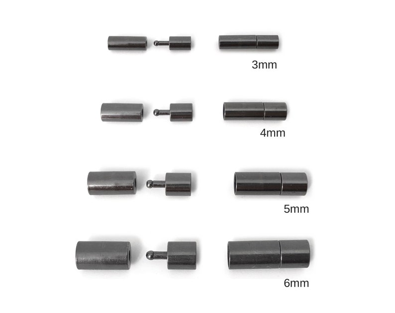 May include: Four sets of black magnetic clasps for jewelry making, shown in sizes 3mm, 4mm, 5mm, and 6mm.