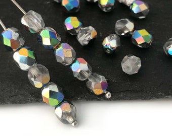 50 Round Faceted Beads Clear Vitrail, 6mm Fire Polished Beads, Czech Beads, Spacer Beads, Vintage Bohemian Beads, 1188M FP3-1