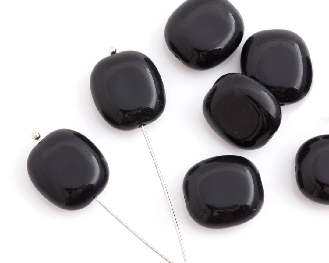 Black Flat Oval Bead, Czech Glass Bead, Large Pressed Bead, Bohemian