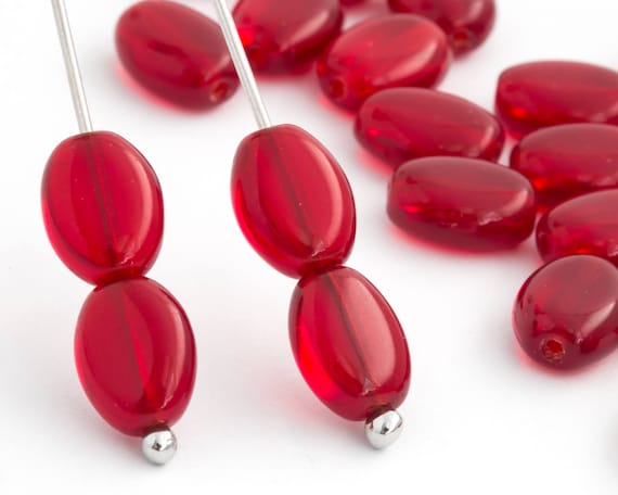 6x8 Flat Oval, Red Glass Bead, Vintage Czech Beads, Bohemian Bead, Jewelery Making, Wholesale, 30pcs, 4093B CB2-4