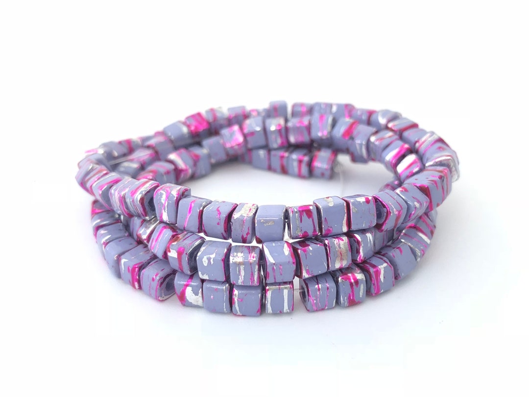 50 Handpainted Glass Cube Bead Purple With Pink Stripe 4mm Etsy