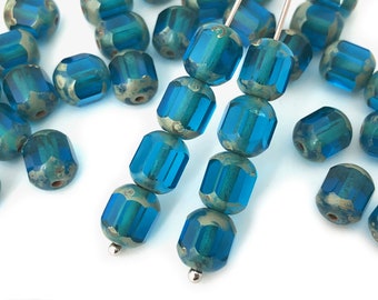 8mm Cathedral Beads, Picasso Blue Beads, Czech Fire Polished Beads, Barrel Beads, Faceted Beads, Jewelry Making Beads, 20pcs, 1553C FP5-6