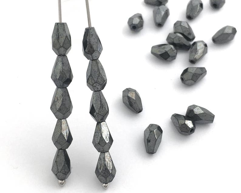 Black Teardrop Bead Vintage Beads 1454A Wholesale Faceted Beads Czech Fire Polished Beads 20 Small Teardrop Beads Hematite 5x7