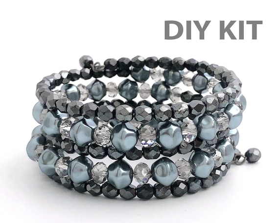 Memory Wire Bracelet Kit, DIY Jewelry Kit, Beading Kits, Multistrand Bracelet, Pearl Cuff Beaded Bracelet, Bridal Bracelet, Craft Kit, BP011