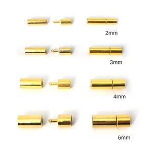 May include: Four sets of gold-toned metal clasps, each with a different length: 2 mm, 3 mm, 4 mm, and 6 mm. The clasps are made of two pieces that fit together.