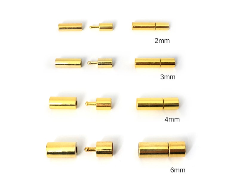 May include: Four sets of gold-toned metal clasps, each with a different length: 2 mm, 3 mm, 4 mm, and 6 mm. The clasps are made of two pieces that fit together.