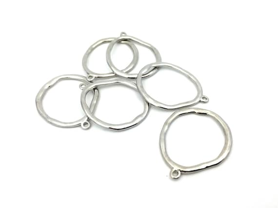 5 Organic Ring Pendant, Dangle Pendant, Hammered Pendant, Necklace Connector, Ring Charm, Rhodium Plated, Jewelry Making Charm,1-5/10