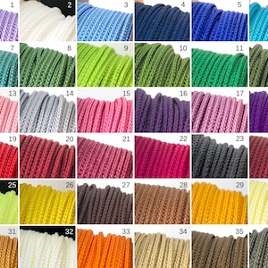 May include: Thirty-six different colors of cord, each color is shown in a separate square. The cords are all the same thickness and texture.