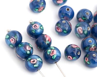 8mm Dark Blue Vintage Lampwork Bead With Flower And Leaf, Czech Bead, Glass Flower Bead, Smooth Round, 5pcs, LW012, LW2