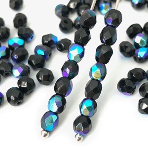 Bulk Lot 50 AB Black Faceted Beads, 4mm Czech Fire Polished Beads, Round Spacer Beads, Vintage Beads, 1035A, FP1-2