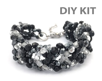 Beaded Bracelet Kit, DIY Jewelry Kit, Jewelry Making Kit, Beading Kits, Beaded Bracelet Kit, Craft Kit, Black Silver, Beading Supplies,BP007