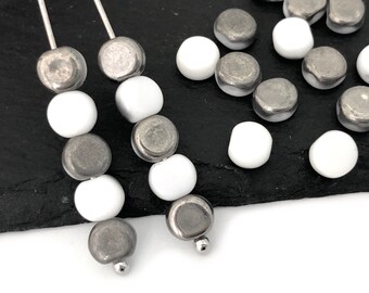 5mm White Gunmetal Coin Bead, Czech Glass Rondelle, Spacer, Flat Disc, Pressed Bead, Jewelry Making, DIY, 100pcs, 4350K