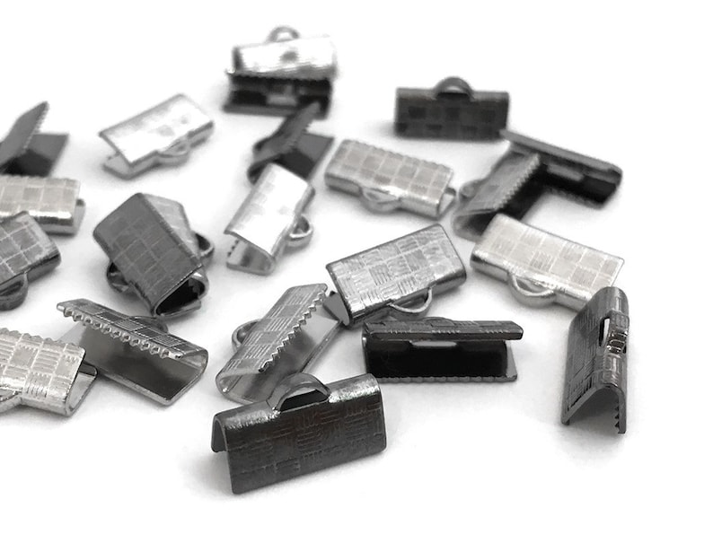 End Clasp Rhodium Plated Leather Cord End Silver End Cap 20 Ribbon Crimp End Fold Over Crimp 6x13 Ribbon Clasp End Bar