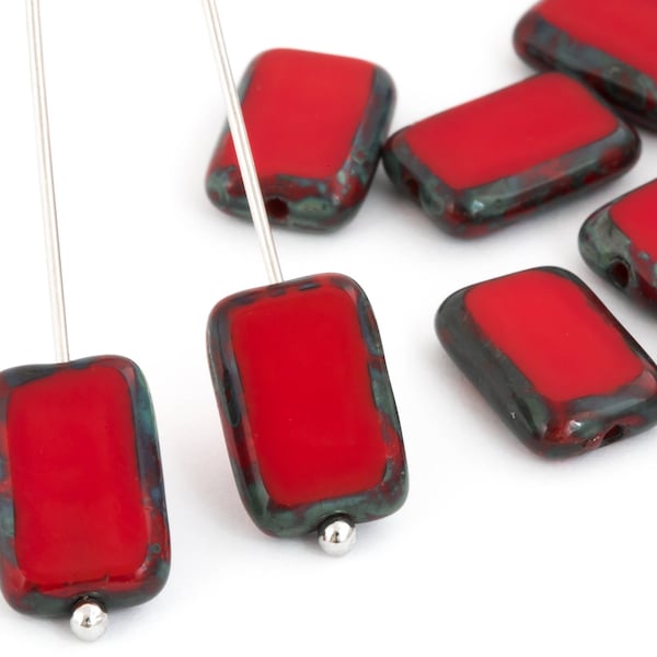 10 Picasso Red Rectangle Bead, Czech Glass Bead, Flat Bead, Geometric Bead, Pillow Bead, Pressed Bead, 8x12, 4120B CB2-1