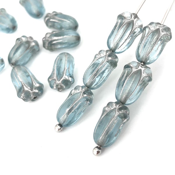 20 Blue Flower Bead, Tulip Bead, Czech Glass Flower Bead, Flower Charm Bead Pressed Bead Bohemian Bead DIY Craft 8x11, 3690C CC6-6