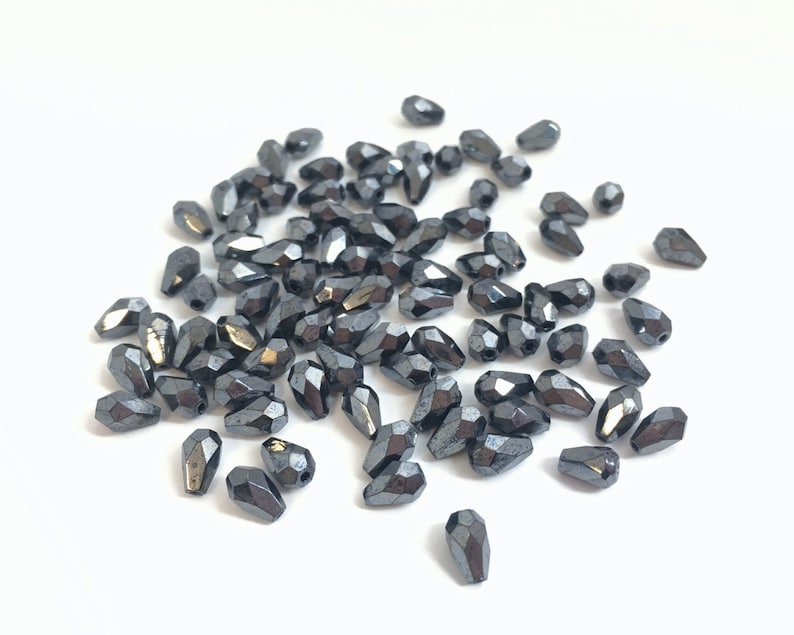 Black Teardrop Bead Vintage Beads 1454A Wholesale Faceted Beads Czech Fire Polished Beads 20 Small Teardrop Beads Hematite 5x7