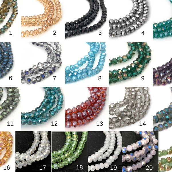 Perles de rondelle de verre de 4 mm, rondelle à facettes, petite perle d'espacement, perles artisanales, blanc rouge brun noir vert gris bleu 21 couleurs, 14" pouces, CH8-7