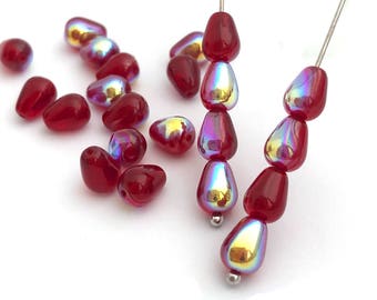 50 AB Rojo Teardrop Abalorios, 6x9 Gotinas de Gota, Abalorios de Vidrio Checo, Abalorios de Cortina, Abalorios Vintage, Boho Abalorios, Al por mayor, 1886B
