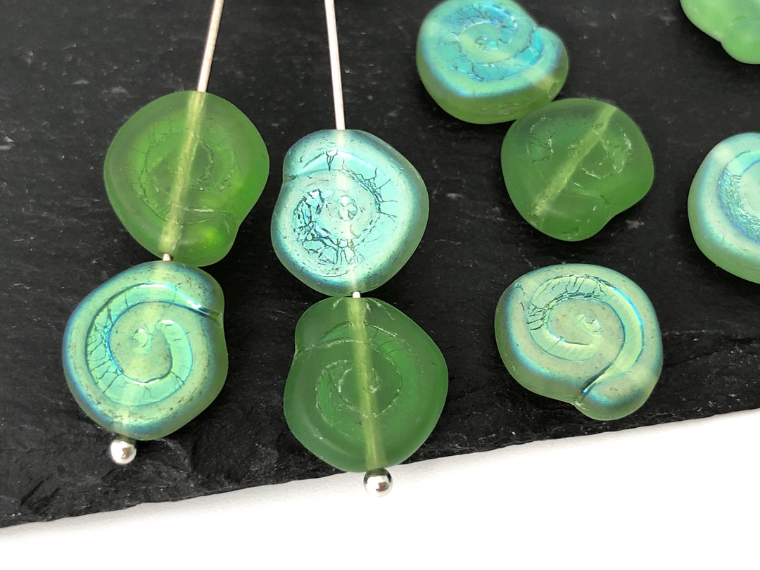 15 Matte Bead, Green AB Spiral Bead, Flat Coin Bead, Snail Bead, Swirl
