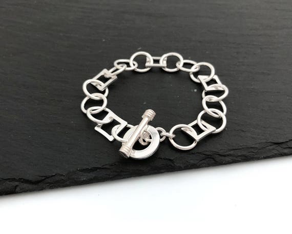 925 Silver Bracelet, Toggle Bracelet, Link Chain Bracelet, Square