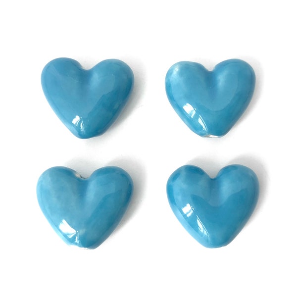 4 Large Ceramic Heart Beads, 18x21 Blue Heart, Clay Heart Bead, Porcelain Heart, Heart Charm Bead, Heart Pendant Beads, Beading Supplies