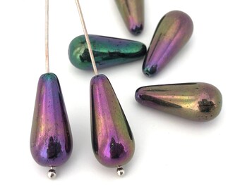 6 Purple Iris Glass Teardrop Beads Vintage Czech Bead Large Teardrop 9x20 Curtain Beads Bohemian Beads Jewelry Making Beads, 3832A, CA5-2