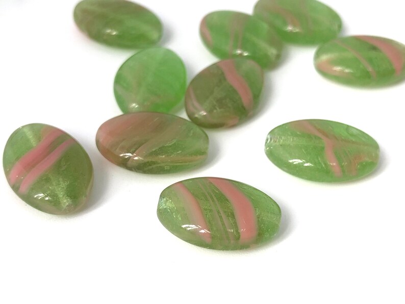 8 Two Tone Green Pink Flat Oval Bead, Czech pressed Glass Bead, Bohemian Bead, DIY Craft, Jewelry Making Bead, 11x16, 4834F CF3-1 image 2