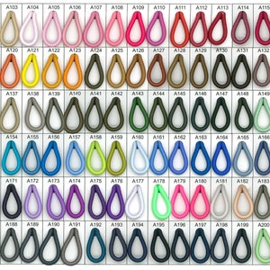 May include: A chart of 200 different colored elastic loops, each in the shape of a teardrop. The loops are arranged in rows and columns, with each loop labeled with a letter and number.