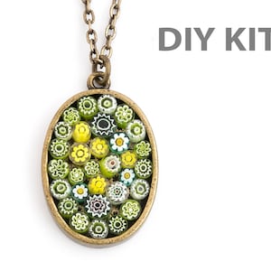 DIY Necklace Kit, Handmade Murrini Necklace, Green Millifiori Necklace, Mosaic Necklace, Pendant Necklace, Glass Pendant, Long Necklace