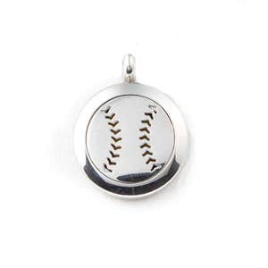 May include: A silver baseball pendant with a round shape. The pendant features a baseball design with stitched details. The pendant has a small loop at the top for attaching to a chain.