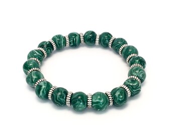 Polymer Clay Beaded Stretch Bracelet, Green Marbled 9mm Beads, Tibetan Spacers