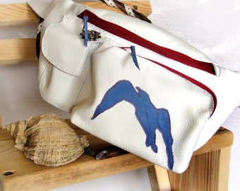 Leather Fanny pack Travel belt bag Women hip bag Crossbody bag Passport holder Waist purse White bumbag Nautical Seagull Tickets documents
