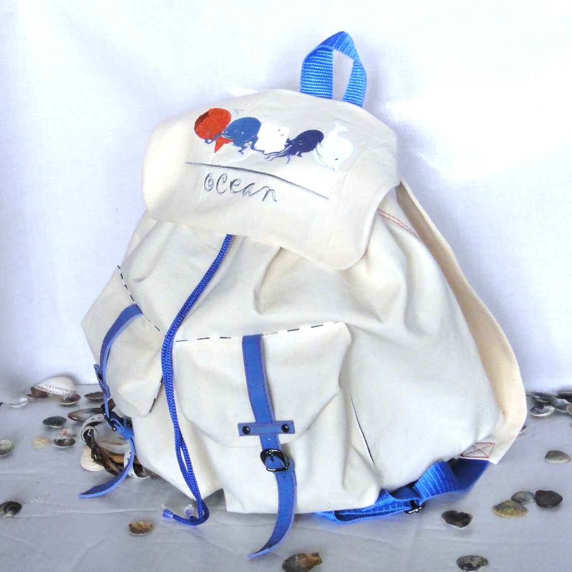 White canvas backpack with pockets & genuine leather trim Etsy