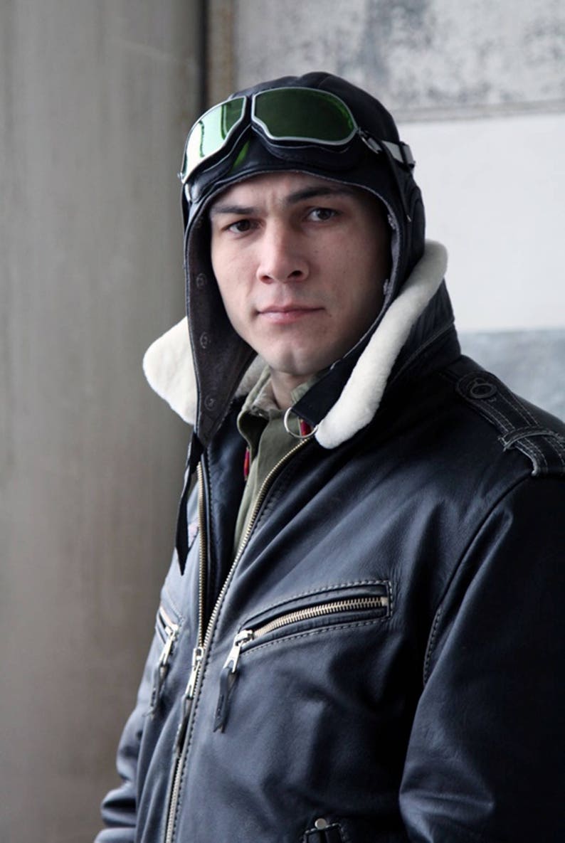 Black leather hat Aviator helmet Bomber hat Green goggles Etsy