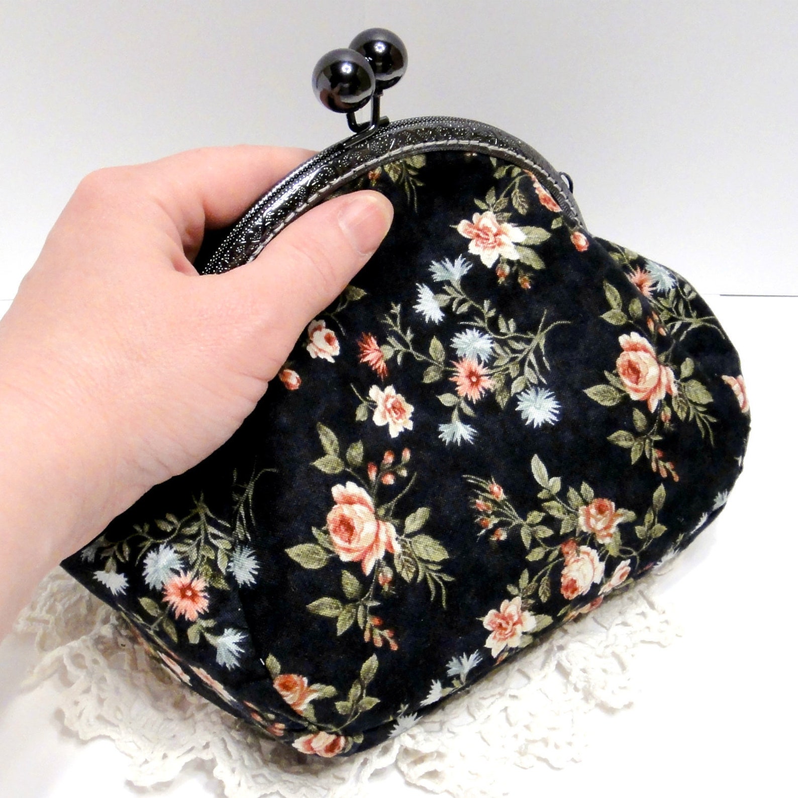 Kiss clasp purse in Boho style in black cotton with red rose Etsy