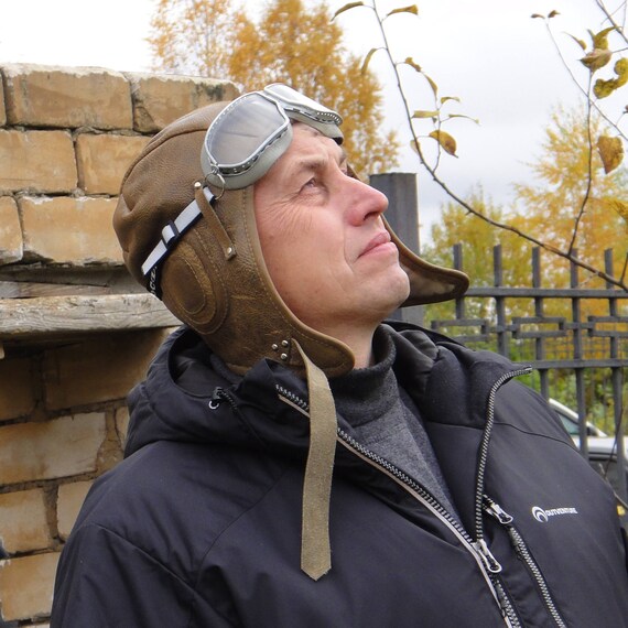 Leather aviator hat with goggles Pilot helmet Mens hat Etsy