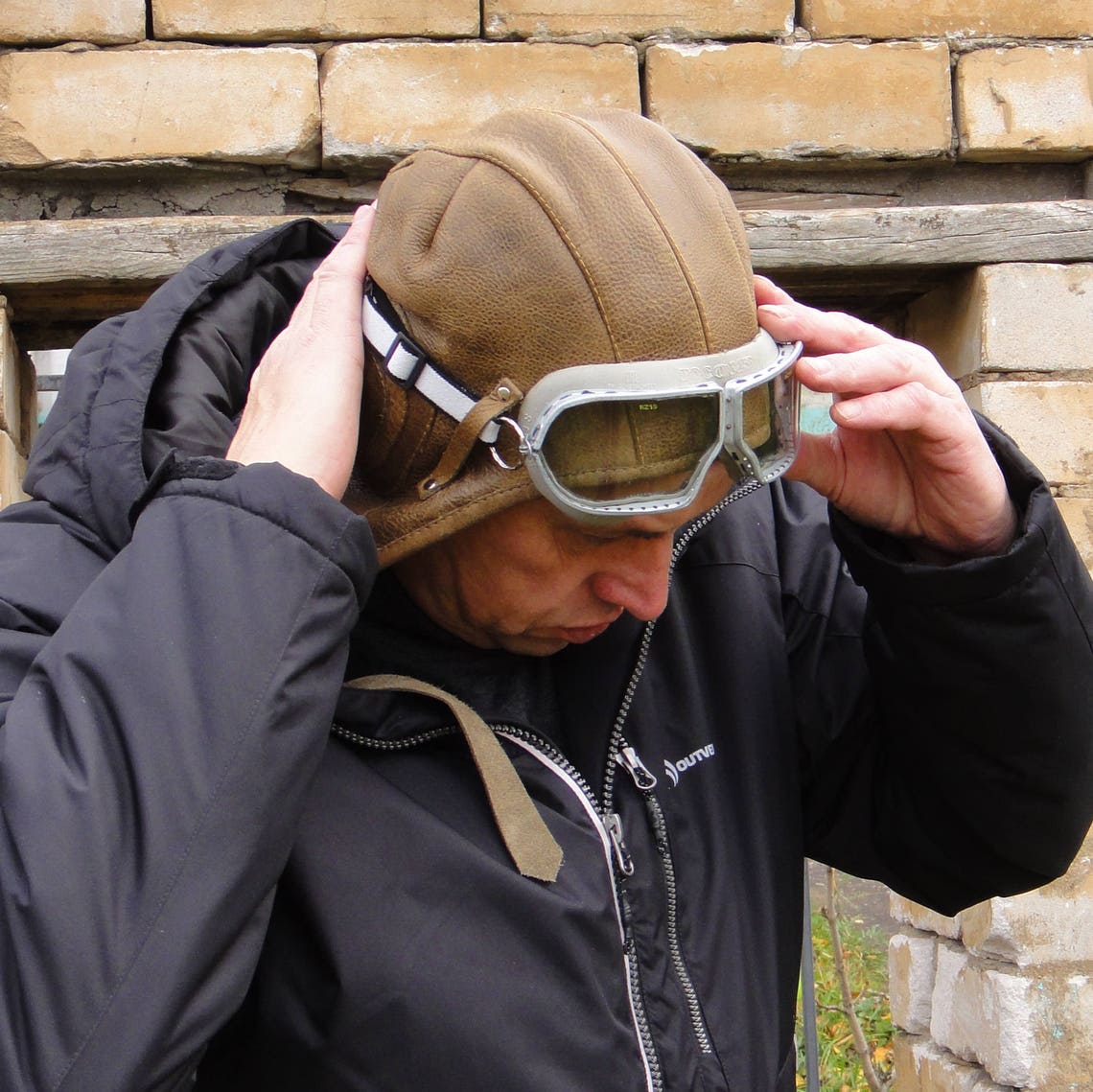 Leather aviator hat goggles Bomber hat Pilot Brown mens hat Etsy