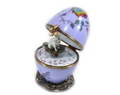 Romantic waltz in purple hand-painted decorativ music egg Limoges. butterfly paint. Handcraft in France. Siames cat miniatures.