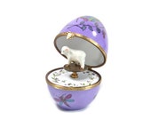 Sheep in Purple hand-painted Limoges music egg. butterfly paint. Handel classical melody. Handcraft in France. Easter .